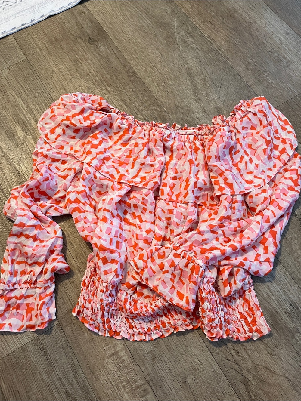 Michael Kors Pink and Coral Off-Shoulder Printed Peasant Blouse